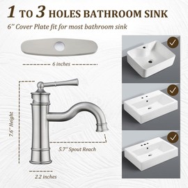 NAUKWAN Bathroom Sink Faucet, Single Handle 1 or 3 Hole Vanity Basin Faucets with Deck Plate, Vintage Long Arc Spout Solid Brass Faucet for Sink with Pop-up Drain Assembly Brushed Nickel NL-2201BN