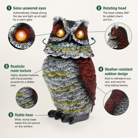 Solar Owl Garden Statue for Outdoor Decor – Rotating Head Resin Owl Accent for Yards, Patios & Lawns