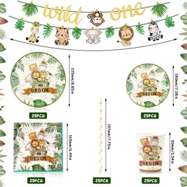 Jungle Safari Party Tableware for 25 Guests, Jungle Birthday Decoration, Safari Party Tableware, Wild One Birthday Decoration, Includes Garlands for Children's Birthday Decoration, Boys and Girls