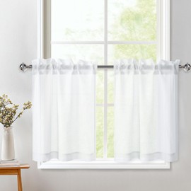 DWCN White Kitchen Curtains 36 Drop, Rod Pocket Voile Curtain Net Small Cafe Curtains, Light Filtering Short Curtain for Bathroom Wardrobe Nursery Window Treatment, W25 x L36 Inch, 2 Panel