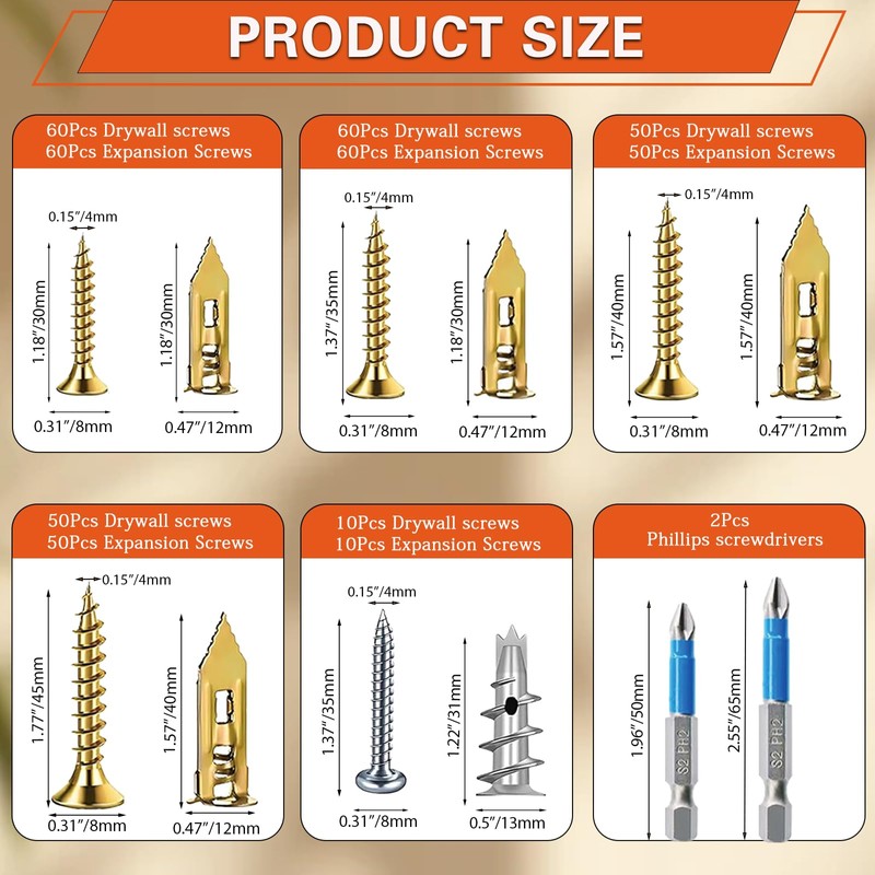 460PCS Self Drilling Drywall Anchors with Screws Kit,5-Sizes Metal Expansion