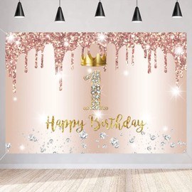 1st Birthday Decorations Happy 1st Birthday Backdrop Banner for Girls 1 Year Old Fabric Sign Poster Birthday Party Deco Rosegold Photo Background First Birthday Party Supplies, 150x90cm