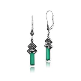 Gemondo USA 925 Sterling Silver Vintage Inspired Art Deco Green Chalcedony & Marcasite Drop Earrings