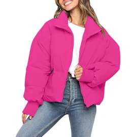 MEROKEETY Women's 2024 Winter Long Sleeve Zip Puffer Jacket Pockets Baggy Short Coats, HotPink, XS