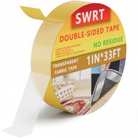 SWRT Double Sided Fabric Tape 1" x 33FT – Heavy Duty, Clear, No Residue, Strong Adhesion for Carpet, Crafts, Clothing, Outdoor & Indoor Use