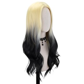 FREE BEAUTY Long Blonde mix Black Wavy Wig for Women Middle Part Curly Wavy Wig Natural Looking Synthetic Heat Resistant Fiber Wig for Daily Party Use 26 inch