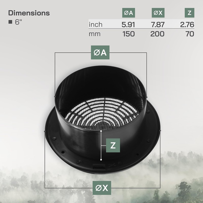 Vent Systems 6'' Inch - Black - Plastic - Dismantable
