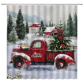 YSATNSFT Christmas Red Truck Shower Curtain Xmas Tree Farmhouse Barn Pine Forest Snowflake Vintage Rustic Winter Holiday Fabric Bathroom Decor Set with Hooks,(70" WX70 H)