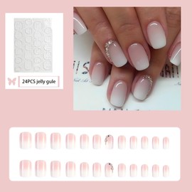 24Pcs False Nails Short Square, Gradient White Pale Pink French Fake Nail, Square Press on Nails with Elegant Design, Stick on Nail for Women Girls Nails Art (Pink,Silver Glitter, One Size)