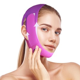 JUSRON 3D Double Chin Reducer Face Strap helps sculpt jawlines and reduce double chins. Made with soft silicone for comfortable wear. Ideal for a more defined facial profile - Color: Purple