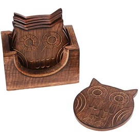 Indus Lifespace Set of 6 Adorable Owl Shaped Hand Carved Coasters for Drinks with Holder, 8.89cm