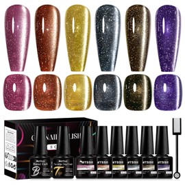 MTSSII Cat Eye Gel Nail Polish Set Reflective Glitter Moonlight Magnetic Gel Polish Kit with Base Top coat and Magnet Stick Diamond Christmas Gel Nail Polish Nail Art Manicure Salon DIY Home 8PCS