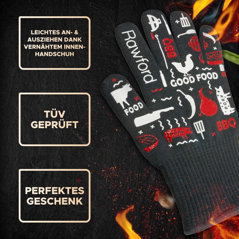 Rawford Grillhandschuhe, Ofenhandschuhe Hitzebeständige bis zu 500 ° C, Premium