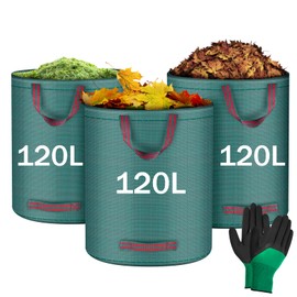 Flintronic Garden Waste Bags 3Pcs 120L Heavy Duty Garden Bags, Reusable Gardening Gloves with Handles, Foldable Camping Recycling Bags With a Pair of Gloves, Ideal for Collecting Leaf, Trash
