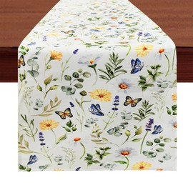 WELLYUK Flowers Table Runner 13 X 72 INCH, Spill Resistant Spring Farmhouse Burlap Summer Daisy Butterfly Floral Kitchen Dining Table Decoration Linen for Home Party Festival