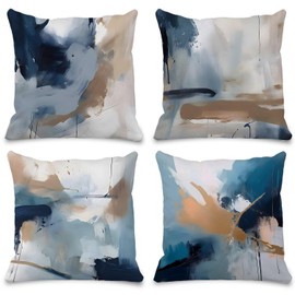 GCFET Abstract Throw Pillow Covers - Navy Blue Abstract Modern Throw Pillow Covers for Couch, Minimalist Graffiti Abstract Blue Pillowcase for Bedroom Office Home Decor (18x18 Set of 4)