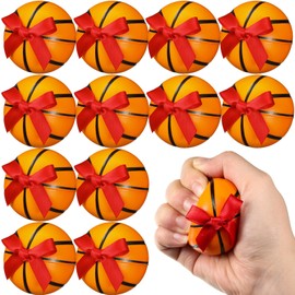 Meooeck 24 Pcs 1.57 Inch Mini Foam Sports Stress Balls with Bow, Mini Baseball Football Basketball Soccer Stress Balls Bulk for Cheerleader Gifts Game Reward Sport Theme Party Favor (Basketball)