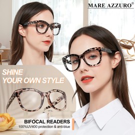 MARE AZZURO Oversized Bifocal Reading Glasses +2.25 Women Blue Light Blocking Readers 1.0 1.25 1.5 1.75 2.0 2.25 2.5 2.75 3.0 3.5 (Leopard, 2.25)