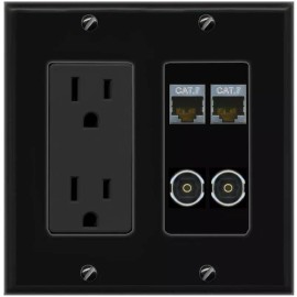 Wall Plate City 2 CAT7 2 TOSLINK Port Wall Plate Black w Power Outlet