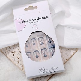 KTAABTR French Tip Press on Nails Medium Square Fake Nails with Glue Black Flower Acrylic Nails Design Black Flowers French Nail Tip Stick on Nails for Women Girls 24Pcs Glossy False Nails Decoration