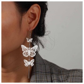Allereya Vintage Butterfly Earrings Linear Butterfly Drop Earrings Large Butterfly Earrings Silver Long Tassel Chain Earrings Jewellery for Women and Girls (Silver)