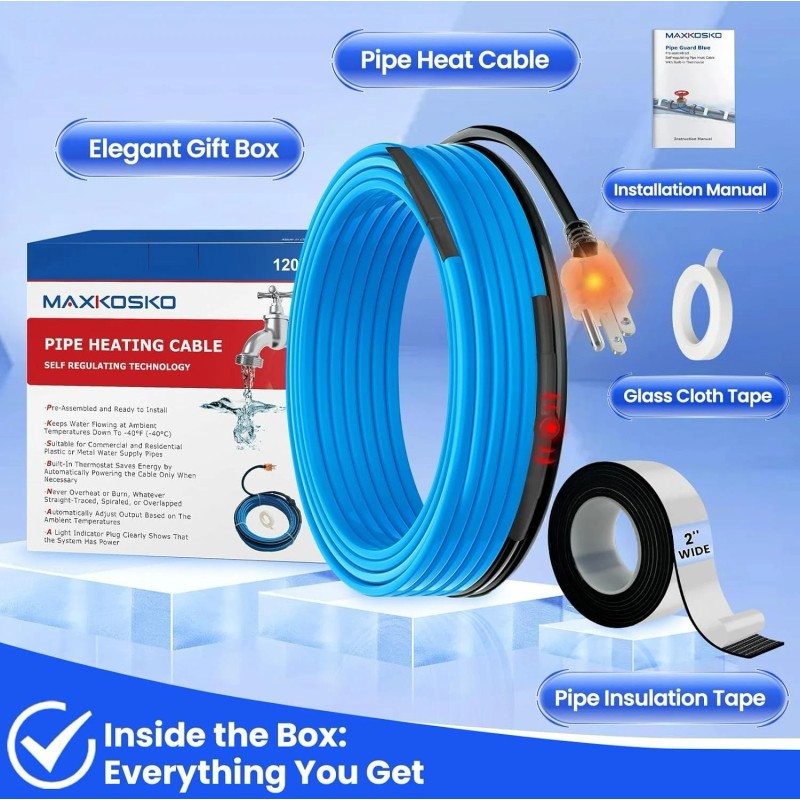 MAXKOSKO 12 Ft Water Pipe Heat Trace Kit with Thermostat