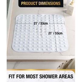 HITSLAM Square Shower Mat Non Slip Anti Mould, 53 x 53cm Bath Mat for Tub with Suction Cups and Drain Holes, Machine Washable Bathroom Anti Slip Shower Mat, Soft on Feet, White