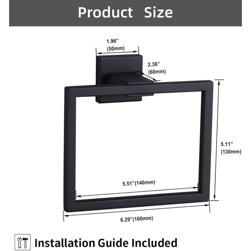 Matte Black Square Towel Ring, Wall Mount Modern Towel Holder