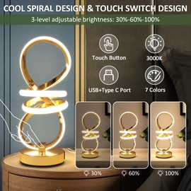 RGB Spiral Table Lamp, Modern LED Table Lamp, Chrome Cool Bedside Lamps, 7 Colors & 10 Light Modes Touch Dimmable LED Nightstand Lamp with USB/Type C for Bedroom, Living Room, Gift Table Lamp, Gold