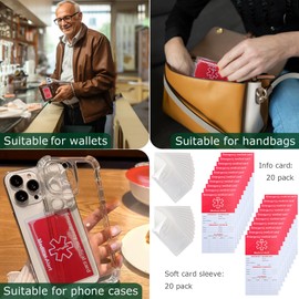 HoHpHq 20 Pack Red Medication List Card with 20 Sleeves for Family Members Like Elderly - Emergency Contact ID Card for Wallet, Phone, Pocket, Handbags - Medical Systems for Retirement Community