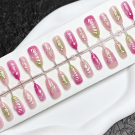 30pcs Pink Gradual Press on Nails Medium Almond Fake Nails Manicure Pressed on Designer's Handmade 3D Colorful Summer Flower Relief Design Pearl False Nail Glitter Stick on Nails for Women