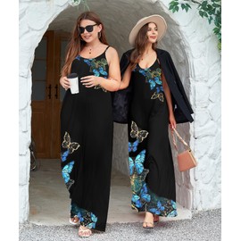Wolddress Womens 2025 Casual Sleeveless Sundress Plus Size Loose Plain Long Summer Beach Maxi Dress with Pockets Butterfly Black S