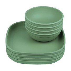 Re Play - Juego de 4 platos planos para niños pequeños y 4 tazones, platos reutilizables de 9 pulgadas y 20 onzas, apto para microondas y lavaplatos, juego de vajilla duradera para niños, salvia