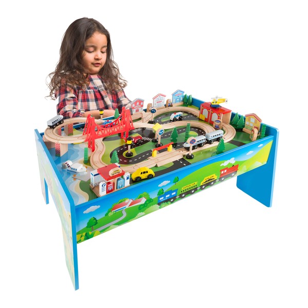 Wooden Train Set Table for Kids, Deluxe Had Painted with