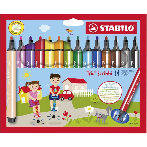 STABILO Trio Scribbi Triangular Felt Tip Pen - Assorted Colours (Pack of 14)