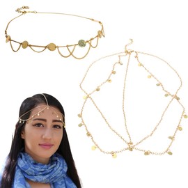 IUDWCG - 2 pieces gold head chain tassel bridal head chain jewellery Bohemian headband tassel chain hair band chain women and girls, Metal