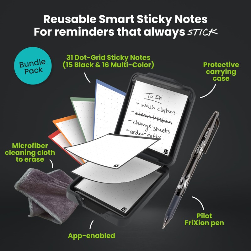 Rocketbook Reusable Sticky Notes, Restick and Reorganize Memo Pads, 3"x3",