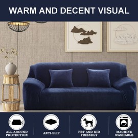 Teynewer Thick Velvet Sofa Covers 1 2 3 4 Seater High Stretch Non-Slip Couch Cover Elastic Furniture Protector Plush Sofa Slipcovers with 1 pillowcase for Living Room Dogs Cat Pet (1 Seater, Blue)