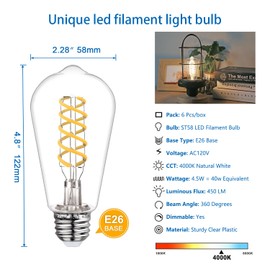 MYEMITTING Dimmable ST58 LED Edison Bulbs, 4.5W Equivalent to 40W Vintage Light Bulbs, E26 Base Daylight 4000K ST58/ST19 LED Bulbs, Antique Flexible Spiral LED Filament Light Bulbs Clear Plastic 6Pack