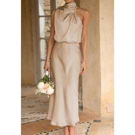 BZSFW Women's 2024 Summer Satin Dress Elegant Sleeveless Mock Neck Cocktail Party Maxi Dresses (Beige, X-Large)