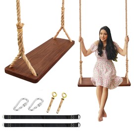 JMZOO Wooden Swing,Seat 24"x 8"x 1.2,500lbs,Adjustable Hemp Rope & Extension Tree Straps 100 inch,Outdoor Wood Swing,Wood Swings for Adults Kids