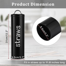 OGANAZI Metal Straw Holder, 12 Inch Tall Drinking Straw Dispenser with Handle Lid, Rustic Farmhouse Straw Canister for Counter-Holds up to 100 Straws Bulk Straw Organizer for Kitchen & Shop, Black
