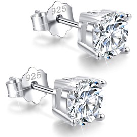 DG Sport 18K White Gold Plated Hypoallergic CZ Cubic Zirconia Sparkling Diamond Round Stud Earrings 3mm To 8mm 925 Sterling Silver Jewellery For Women Men With Jewellery Case and Pouch. (5mm)