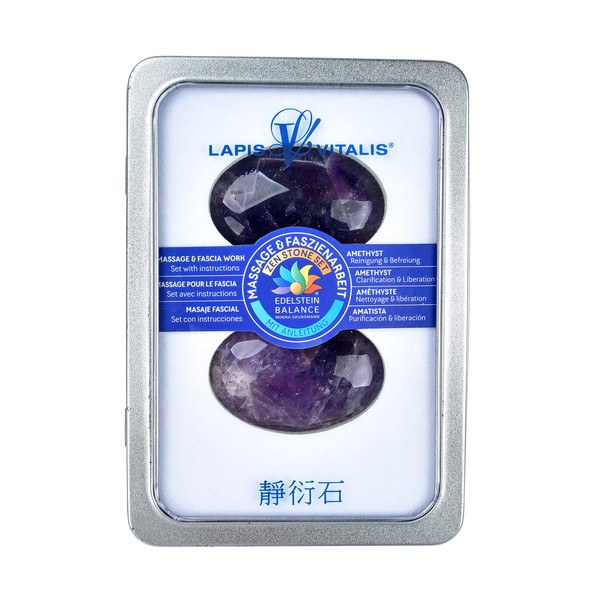 Lapis Vitalis Zenstones Amethyst - Cleaning & Liberation - Massage Stones 6 x 4 x 2 cm - For Massages Fascia Work and as a Support Stone - Zen Stones in Elegant Metal Tin Includes Quick Start Guide