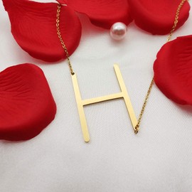 MOMOL Sideways Initial Necklace 18K Gold Plated Stainless Steel Large Big Letters H Pendant Necklace Script Name Monogram Necklaces for Women