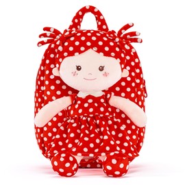 Onetoo Toddler Backpack Kids Backpacks with Soft Light Baby Dolls in Red Polka Dots Dress 9"