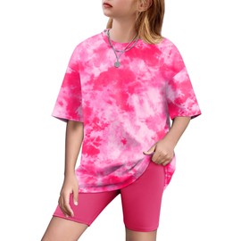 Arshiner Girls 2 Piece Outfits Cute Tie Dye Clothes Drop Shoulder Tee and Biker Shorts Sets Kids Summer Clothing Sets 9-10Y