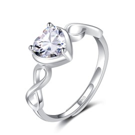 Qings Heart Birthstone Rings for Women 925 Sterling Silver Adjustable Open Infinity Engagement Wedding Ring with Cubic Zirconia Birthday Christmas Jewellery Gifts for Mother, Sterling Silver, Cubic