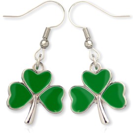 Shamrock Green Dangle Earrings: Green Clover Dangling Earrings for Women - St Patrick's Day Accessories (Silver)