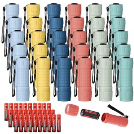 Glooglitter 30 Pack 9 LED Flashlight Bulk Plastic Handheld Flashlight Kids Flashlight with Lanyard, Each with 3 AAA Batteries Included for Kids Night Reading Party Camping Emergency Hunting, 6 Colors